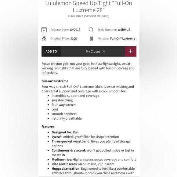 Lululemon Speed Up Tights with 28” inseam- Like New - Picture 5 of 5